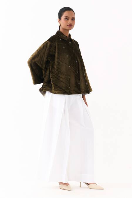 Three_Olive Green Velvet, Poplin Embroidery Collared Shirt With Inverted Pleated Pant _at_Aza_Fashions
