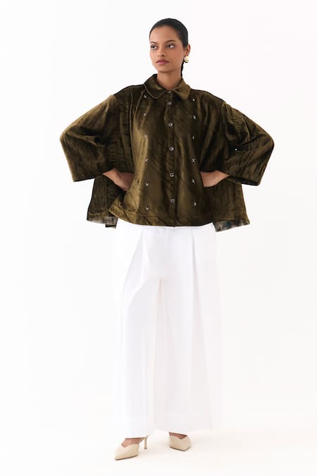 Three Velvet Embroidered Shirt With Inverted Pleated Pant 