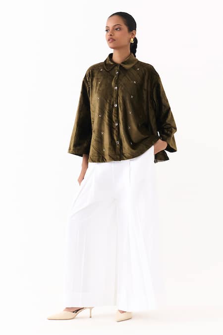 Buy_Three_Olive Green Velvet, Poplin Embroidery Collared Shirt With Inverted Pleated Pant 