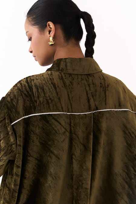 Shop_Three_Olive Green Velvet, Poplin Embroidery Collared Shirt With Inverted Pleated Pant 