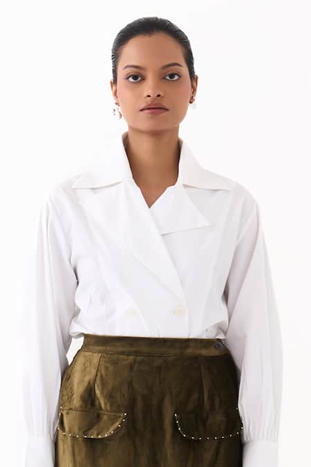 Buy_Three_White Poplin, Velvet Collared Shirt And Flap Skirt Set _Online_at_Aza_Fashions