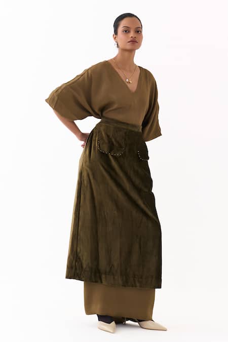 Three_Olive Green Satin, Crepe, Velvet Embroidery V-neck Solid Kaftan With Skirt _Online_at_Aza_Fashions