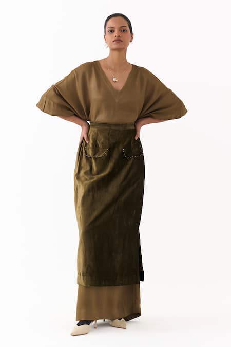 Buy_Three_Olive Green Satin, Crepe, Velvet Embroidery V-neck Solid Kaftan With Skirt _Online_at_Aza_Fashions