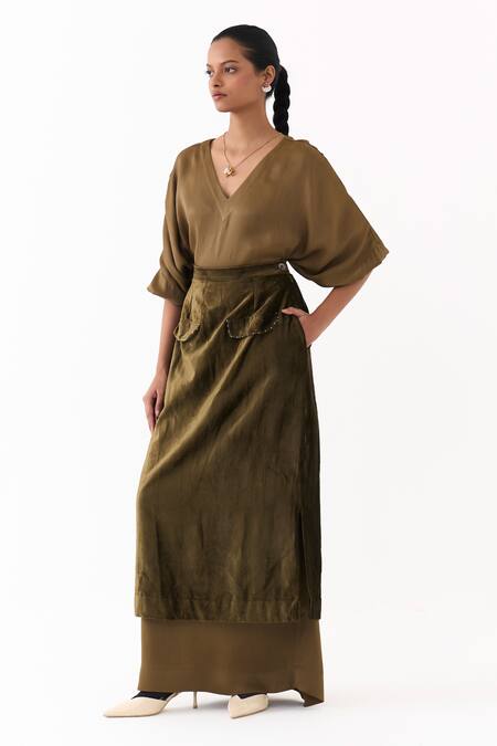 Shop_Three_Olive Green Satin, Crepe, Velvet Embroidery V-neck Solid Kaftan With Skirt _Online_at_Aza_Fashions