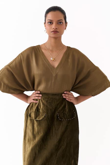 Three_Olive Green Satin, Crepe, Velvet Embroidery V-neck Solid Kaftan With Skirt _at_Aza_Fashions