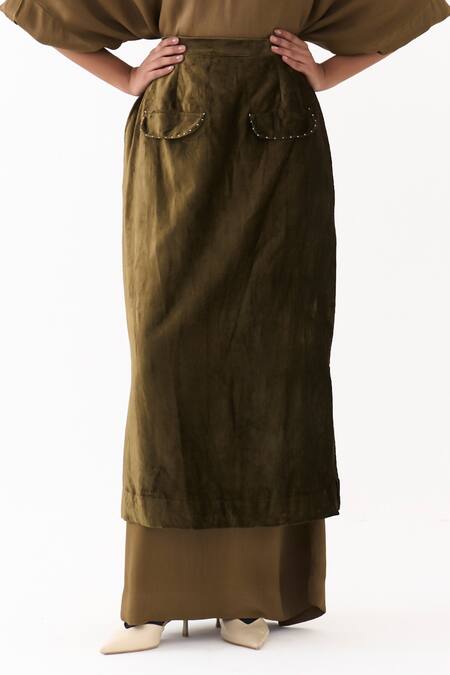 Buy_Three_Olive Green Satin, Crepe, Velvet Embroidery V-neck Solid Kaftan With Skirt 