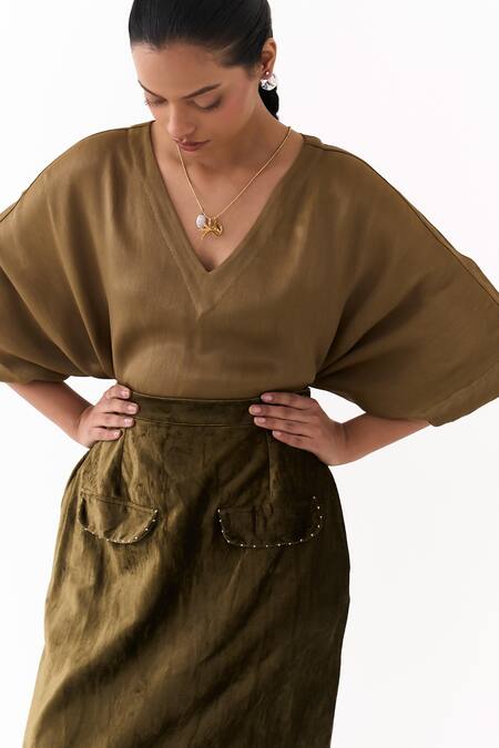 Shop_Three_Olive Green Satin, Crepe, Velvet Embroidery V-neck Solid Kaftan With Skirt 