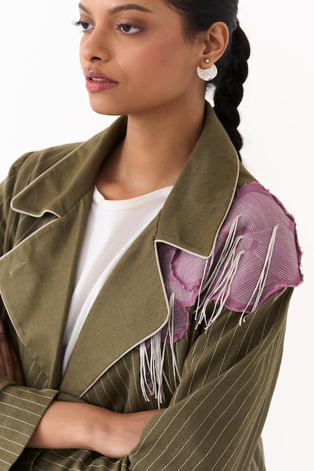 Shop_Three_Olive Green Twill Embroidery, Fringe, Pinstripe Linear Jacket And Pant Set _Online_at_Aza_Fashions