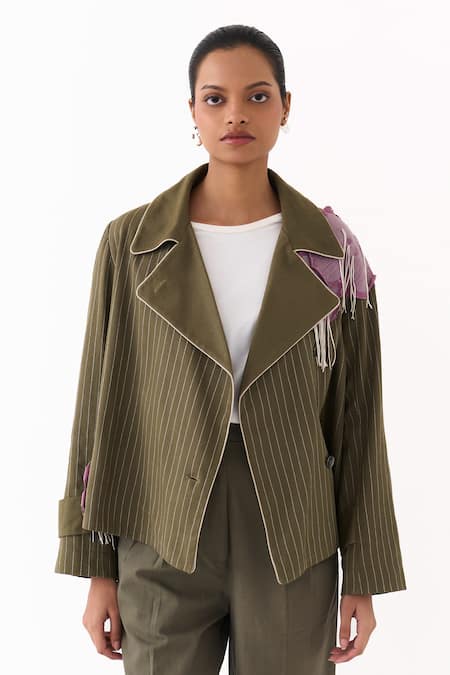 Three_Olive Green Twill Embroidery, Fringe, Pinstripe Linear Jacket And Pant Set _at_Aza_Fashions