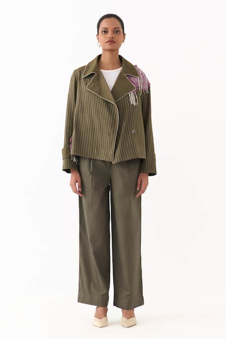 Buy_Three_Olive Green Twill Embroidery, Fringe, Pinstripe Linear Jacket And Pant Set 