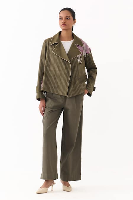Three Pinstripe Linear Embroidered Jacket & Pant Set 