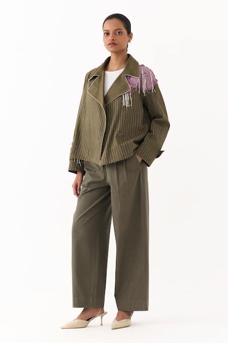 Shop_Three_Olive Green Twill Embroidery, Fringe, Pinstripe Linear Jacket And Pant Set 