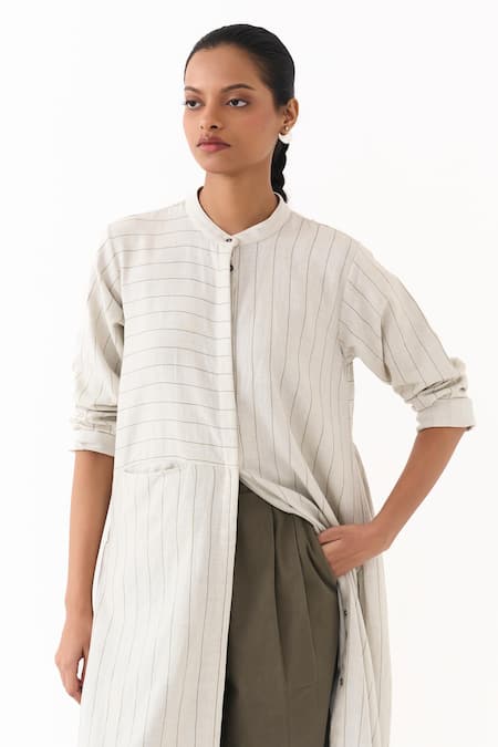 Three_Beige Twill Embroidery Mandarin Striped Pattern Gathered Jacket And Pant Set _Online_at_Aza_Fashions