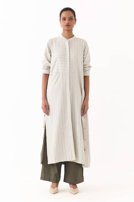 Buy_Three_Beige Twill Embroidery Mandarin Striped Pattern Gathered Jacket And Pant Set _Online_at_Aza_Fashions