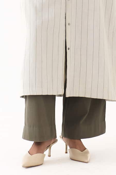 Shop_Three_Beige Twill Embroidery Mandarin Striped Pattern Gathered Jacket And Pant Set _Online_at_Aza_Fashions