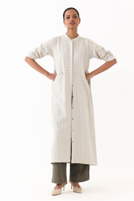 Three_Beige Twill Embroidery Mandarin Striped Pattern Gathered Jacket And Pant Set _at_Aza_Fashions