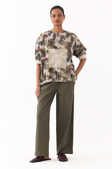 Three Multi Color Corduroy, Twill Embroidery Round Neck Printed Top And Pant Set 