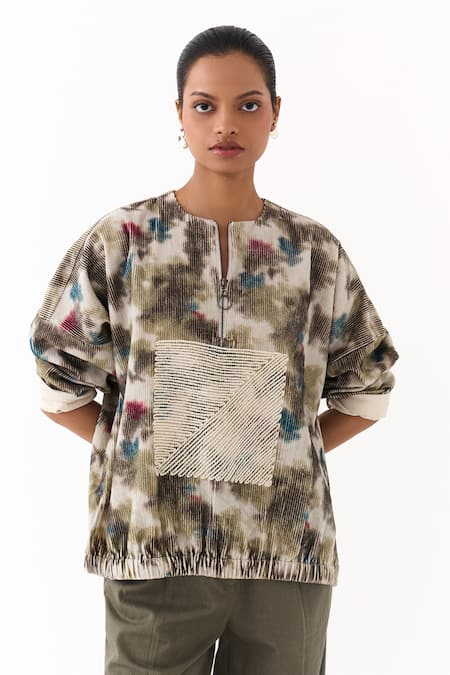 Shop Three Multi Color Corduroy, Twill Embroidery Round Neck Printed Top And Pant Set Shop_Three_Multi Color Corduroy, Twill Embroidery Round Neck Printed Top And Pant Set