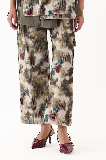 Three_Green Corduroy, Twill Applique, Fringe Floral Embroidered Waistcoat Pant Set _Online_at_Aza_Fashions