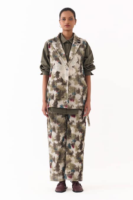 Shop_Three_Green Corduroy, Twill Applique, Fringe Floral Embroidered Waistcoat Pant Set _Online_at_Aza_Fashions