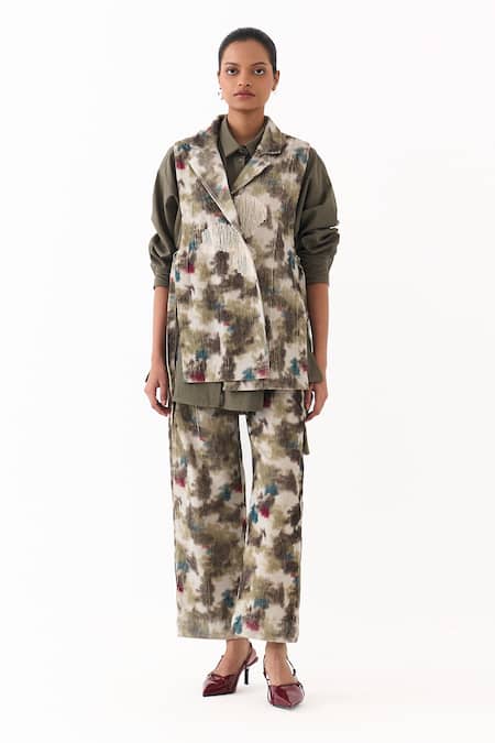 Three_Green Corduroy, Twill Applique, Fringe Floral Embroidered Waistcoat Pant Set _at_Aza_Fashions