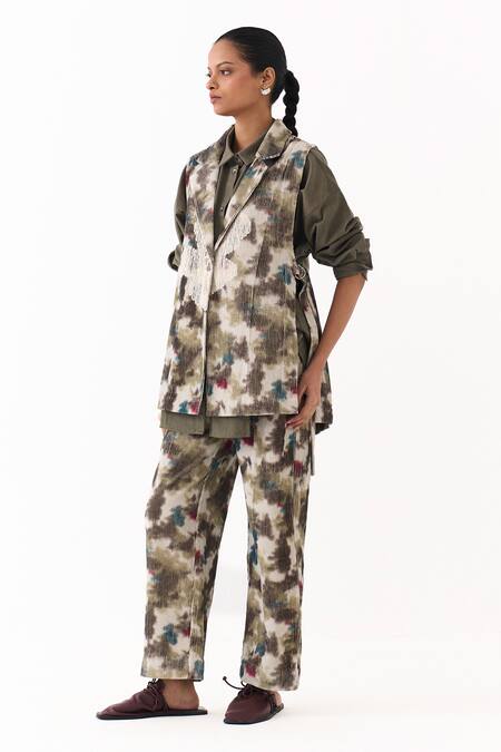 Buy_Three_Green Corduroy, Twill Applique, Fringe Floral Embroidered Waistcoat Pant Set 