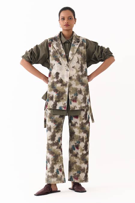 Three Floral Embroidered Waistcoat Pant Set 