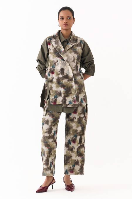 Shop_Three_Green Corduroy, Twill Applique, Fringe Floral Embroidered Waistcoat Pant Set 