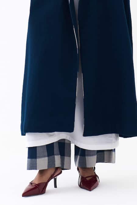 Three_Navy Wool, Cotton Collared Notch Overlay Jacket Pant Set _Online_at_Aza_Fashions