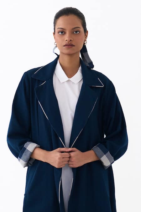 Buy_Three_Navy Wool, Cotton Collared Notch Overlay Jacket Pant Set _Online_at_Aza_Fashions