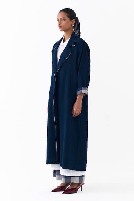 Shop_Three_Navy Wool, Cotton Collared Notch Overlay Jacket Pant Set _Online_at_Aza_Fashions