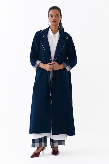 Three_Navy Wool, Cotton Collared Notch Overlay Jacket Pant Set _at_Aza_Fashions