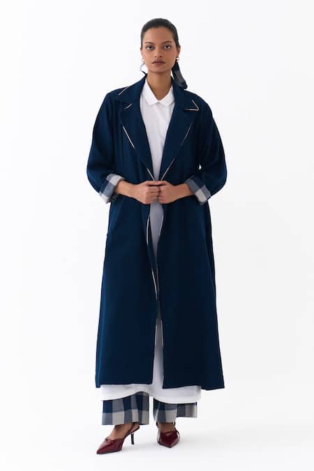 Buy_Three_Navy Wool, Cotton Collared Notch Overlay Jacket Pant Set 