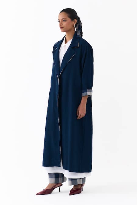 Shop_Three_Navy Wool, Cotton Collared Notch Overlay Jacket Pant Set 