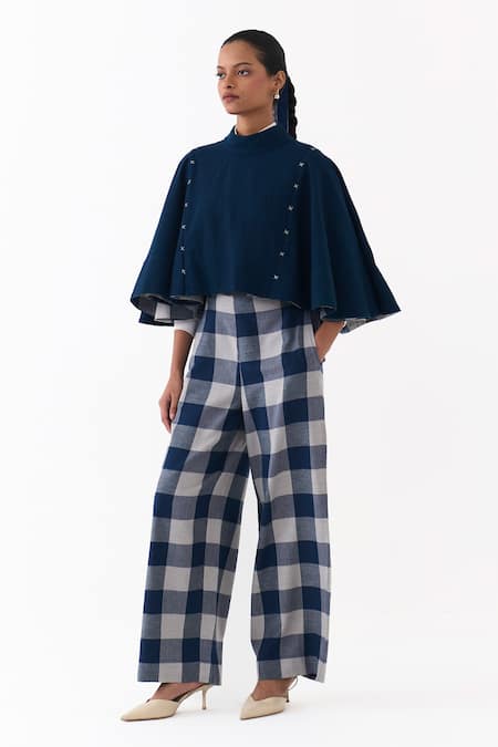 Three Blue Wool Embroidery High Neck Reversible Poncho Top And Pant Set 