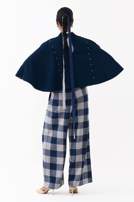 Shop Three Blue Wool Embroidery High Neck Reversible Poncho Top And Pant Set at Aza Fashions Shop_Three_Blue Wool Embroidery High Neck Reversible Poncho Top And Pant Set _at_Aza_Fashions