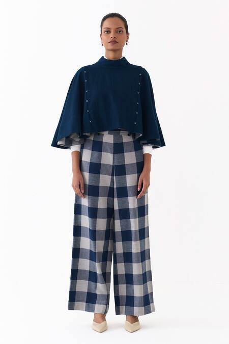 Three Blue Wool Embroidery High Neck Reversible Poncho Top And Pant Set at Aza Fashions Three_Blue Wool Embroidery High Neck Reversible Poncho Top And Pant Set _at_Aza_Fashions