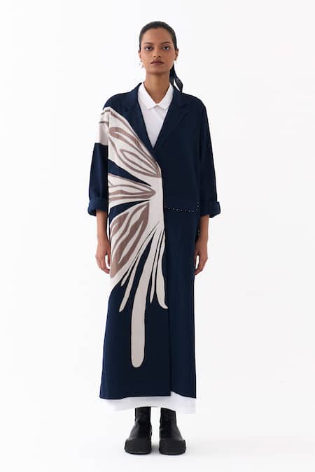 Buy Three Navy Twill, Cotton Applique Collared, Floral Embroidered Jacket With Dress Online at Aza Fashions Buy_Three_Navy Twill, Cotton Applique Collared, Floral Embroidered Jacket With Dress _Online_at_Aza_Fashions