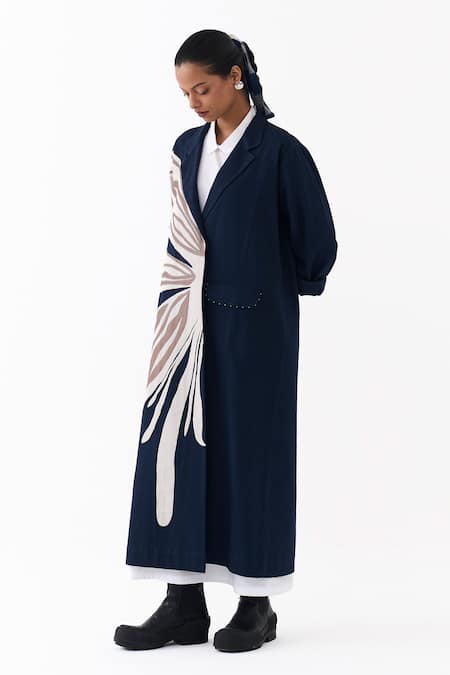 Shop Three Navy Twill, Cotton Applique Collared, Floral Embroidered Jacket With Dress Online at Aza Fashions Shop_Three_Navy Twill, Cotton Applique Collared, Floral Embroidered Jacket With Dress _Online_at_Aza_Fashions