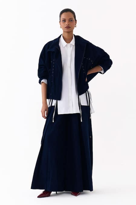 Buy_Three_Blue Corduroy, Poplin, Cotton High Neck, Collared Bomber Jacket Skirt Set _Online_at_Aza_Fashions