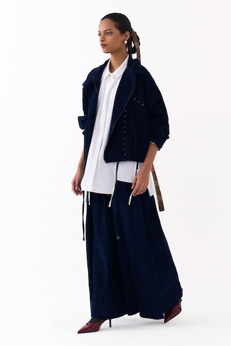 Three_Blue Corduroy, Poplin, Cotton High Neck, Collared Bomber Jacket Skirt Set _at_Aza_Fashions