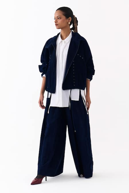 Buy_Three_Blue Corduroy, Poplin, Cotton High Neck, Collared Bomber Jacket Skirt Set 