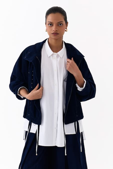 Shop_Three_Blue Corduroy, Poplin, Cotton High Neck, Collared Bomber Jacket Skirt Set 