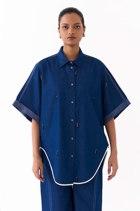 Buy_Three_Blue Denim Beads, Piping, Embroidery Collared Placement Shirt And Pant Set _Online_at_Aza_Fashions