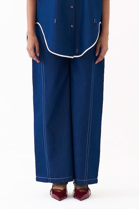 Shop_Three_Blue Denim Beads, Piping, Embroidery Collared Placement Shirt And Pant Set _Online_at_Aza_Fashions