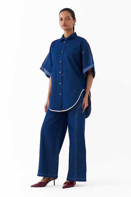 Buy_Three_Blue Denim Beads, Piping, Embroidery Collared Placement Shirt And Pant Set 