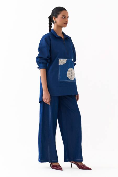 Three_Blue Denim Embroidery Collared Patchwork Top And Pant Set _Online_at_Aza_Fashions