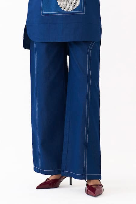 Buy_Three_Blue Denim Embroidery Collared Patchwork Top And Pant Set _Online_at_Aza_Fashions