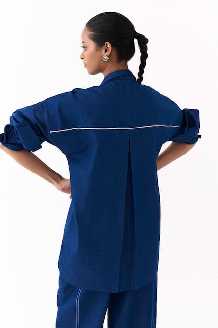 Buy_Three_Blue Denim Embroidery Collared Patchwork Top And Pant Set 