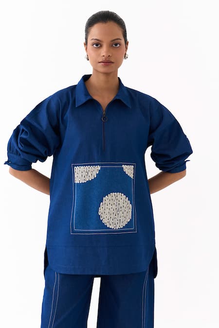 Shop_Three_Blue Denim Embroidery Collared Patchwork Top And Pant Set 